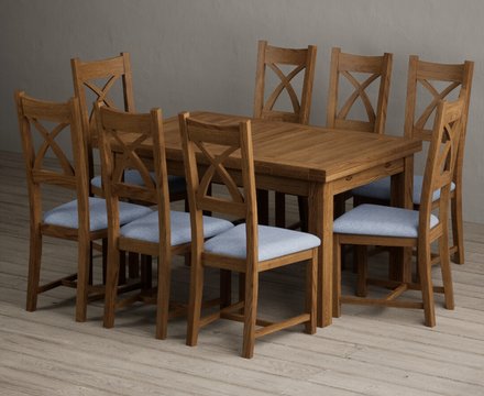 Extending buxton 140cm rustic solid oak dining table with 8 blue rustic solid oak chairs