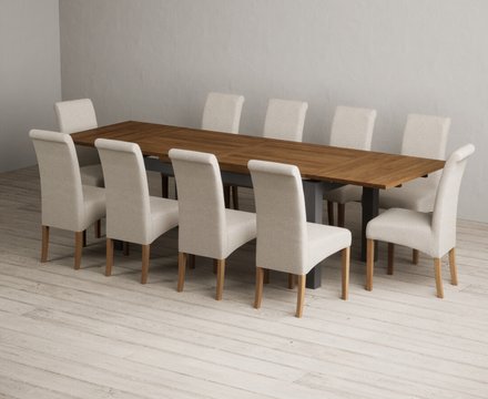 Extending buxton 180cm oak and charcoal grey dining table with 10 natural scroll back chairs