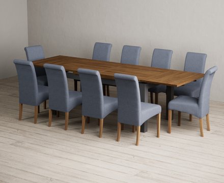 Extending buxton 180cm oak and charcoal grey dining table with 10 blue scroll back chairs
