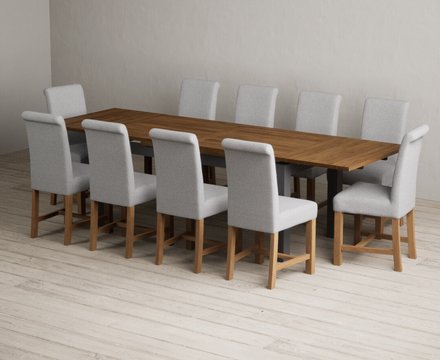 Extending buxton 180cm oak and charcoal grey dining table with 10 grey braced chairs