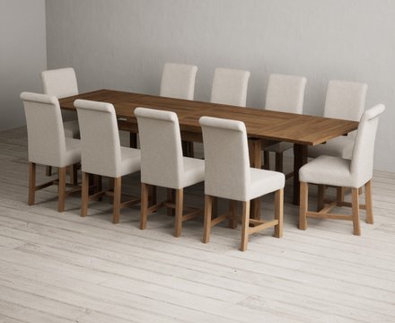 Extending buxton 180cm rustic solid oak dining table with 10 natural braced chairs