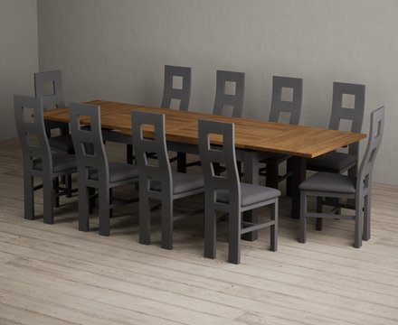 Extending buxton 180cm oak and charcoal grey dining table with 10 charcoal grey painted chairs