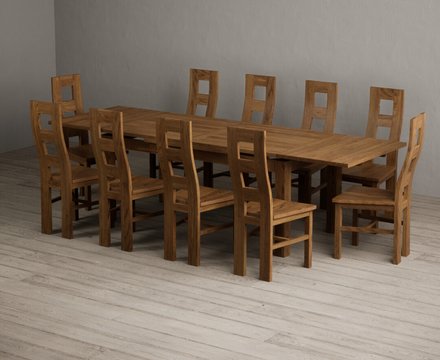 Extending buxton 180cm rustic solid oak dining table with 10 rustic oak rustic solid oak chairs
