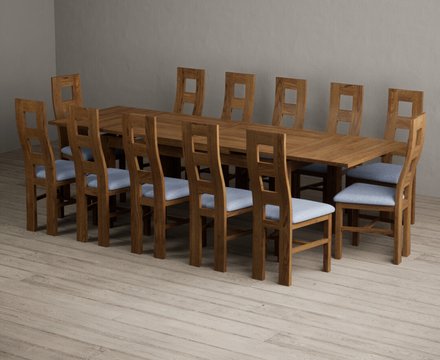 Extending buxton 180cm rustic solid oak dining table with 12 blue rustic solid oak chairs