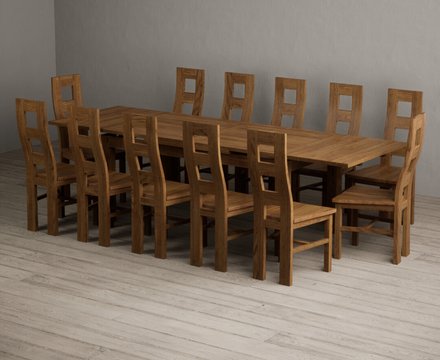Extending buxton 180cm rustic solid oak dining table with 12 rustic oak rustic solid oak chairs