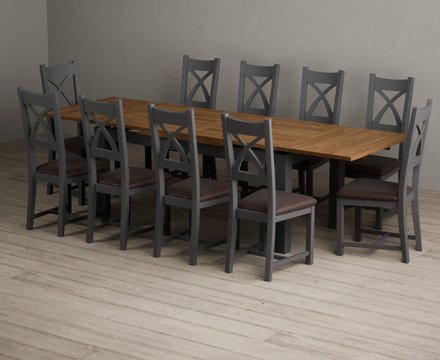 Extending buxton 180cm oak and charcoal grey dining table with 10 brown painted chairs