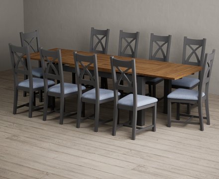 Extending buxton 180cm oak and charcoal grey dining table with 10 blue painted chairs
