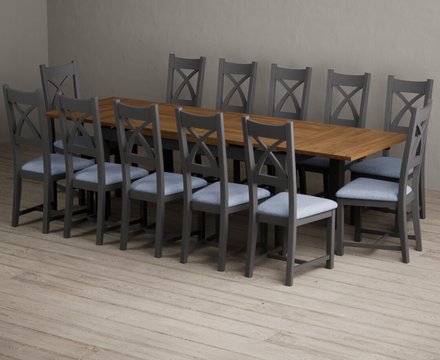 Extending buxton 180cm oak and charcoal grey dining table with 12 blue painted chairs