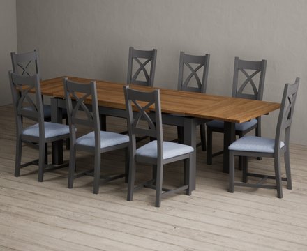 Extending buxton 180cm oak and charcoal grey dining table with 8 blue painted chairs