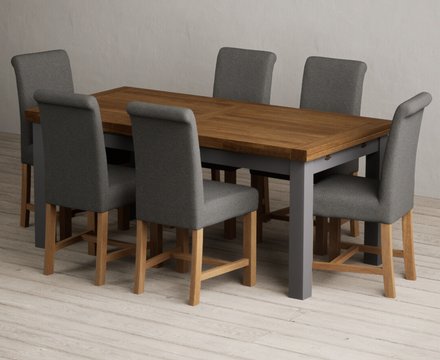 Extending buxton 180cm oak and charcoal grey dining table with 6 charcoal grey braced chairs