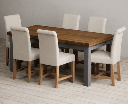Extending buxton 180cm oak and charcoal grey dining table with 6 natural braced chairs
