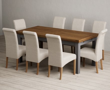 Extending buxton 180cm oak and charcoal grey dining table with 8 natural scroll back chairs