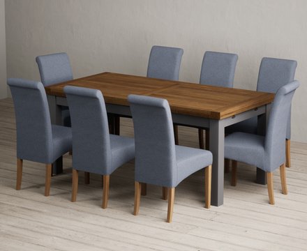 Extending buxton 180cm oak and charcoal grey dining table with 8 blue scroll back chairs
