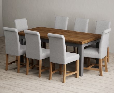 Extending buxton 180cm oak and charcoal grey dining table with 8 grey braced chairs