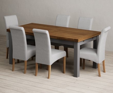 Extending buxton 180cm oak and charcoal grey dining table with 6 grey scroll back chairs