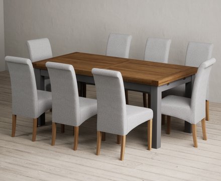 Extending buxton 180cm oak and charcoal grey dining table with 8 grey scroll back chairs