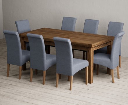 Extending buxton 180cm rustic solid oak dining table with 8 blue scroll back chairs