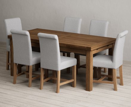 Extending buxton 180cm rustic solid oak dining table with 6 grey braced chairs