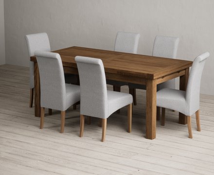 Extending buxton 180cm rustic solid oak dining table with 6 grey scroll back chairs