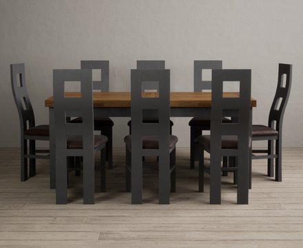 Extending buxton 180cm oak and charcoal grey dining table with 8 brown painted chairs