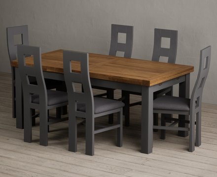 Extending buxton 180cm oak and charcoal grey dining table with 6 charcoal grey painted chairs