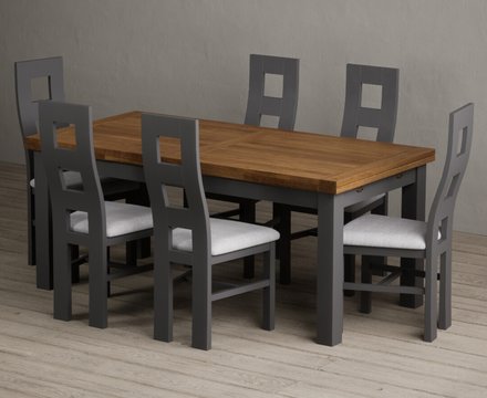 Extending buxton 180cm oak and charcoal grey dining table with 6 light grey painted chairs
