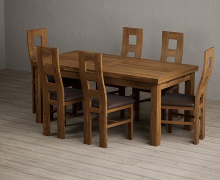 Extending buxton 180cm rustic solid oak dining table with 6 brown rustic solid oak chairs