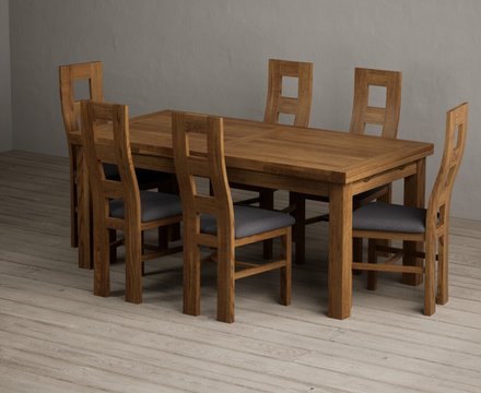 Extending buxton 180cm rustic solid oak dining table with 6 charcoal grey rustic solid oak chairs