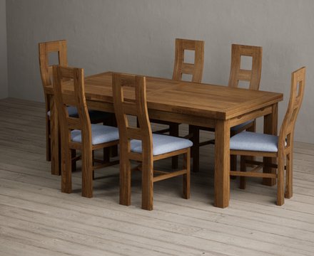Extending buxton 180cm rustic solid oak dining table with 6 blue rustic solid oak chairs