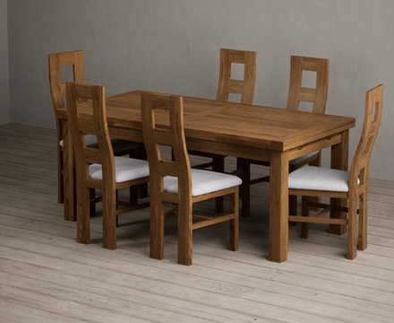 Extending buxton 180cm rustic solid oak dining table with 6 light grey rustic solid oak chairs