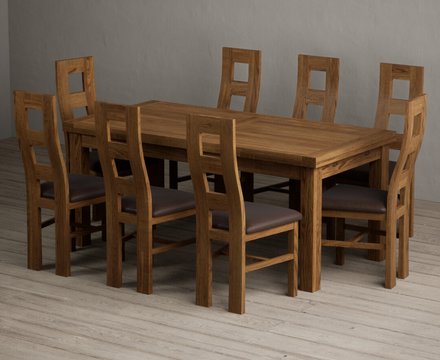Extending buxton 180cm rustic solid oak dining table with 8 brown rustic solid oak chairs
