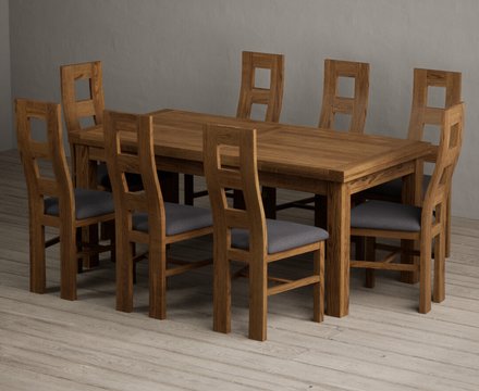 Extending buxton 180cm rustic solid oak dining table with 8 charcoal grey rustic solid oak chairs