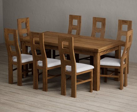 Extending buxton 180cm rustic solid oak dining table with 8 light grey rustic solid oak chairs