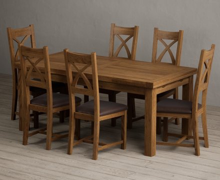 Extending buxton 180cm rustic solid oak dining table with 6 brown rustic solid oak chairs