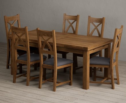 Extending buxton 180cm rustic solid oak dining table with 6 charcoal grey rustic solid oak chairs