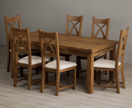 Extending buxton 180cm rustic solid oak dining table with 6 linen rustic solid oak chairs