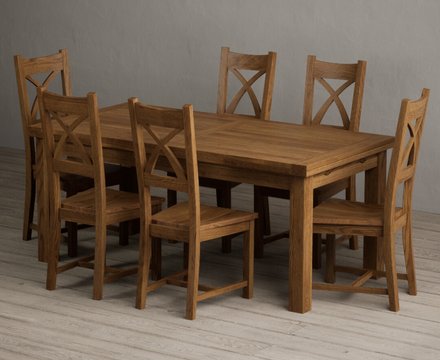 Extending buxton 180cm rustic solid oak dining table with 6 rustic oak rustic solid oak chairs