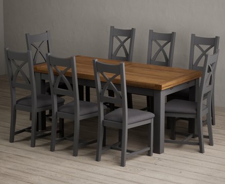 Extending buxton 180cm oak and charcoal grey dining table with 8 charcoal grey painted chairs