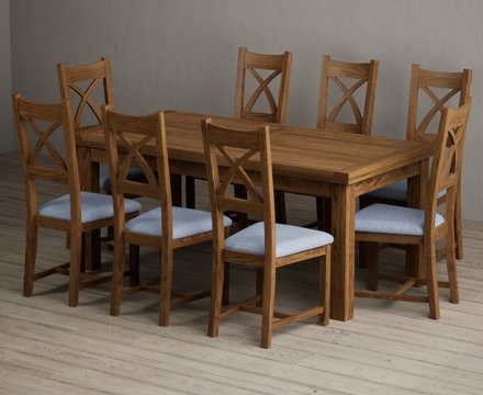 Extending buxton 180cm rustic solid oak dining table with 8 blue rustic solid oak chairs