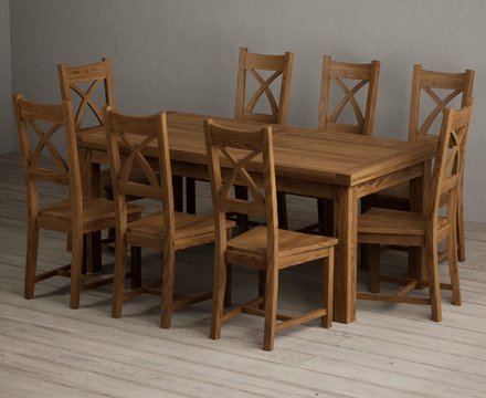 Extending buxton 180cm rustic solid oak dining table with 8 rustic oak rustic solid oak chairs