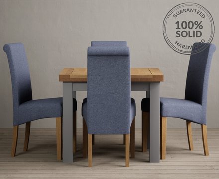 Extending buxton 90cm oak and light grey dining table with 6 grey scroll back chairs