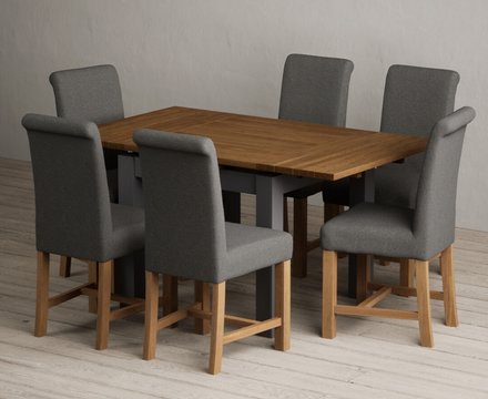 Extending buxton 90cm oak and charcoal grey dining table with 6 charcoal grey braced chairs