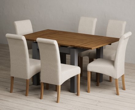 Extending buxton 90cm oak and charcoal grey dining table with 6 natural scroll back chairs