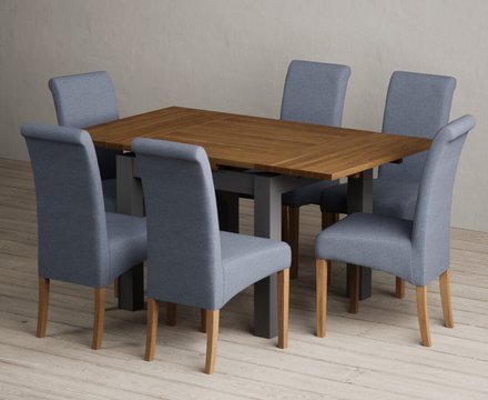 Extending buxton 90cm oak and charcoal grey dining table with 6 blue scroll back chairs