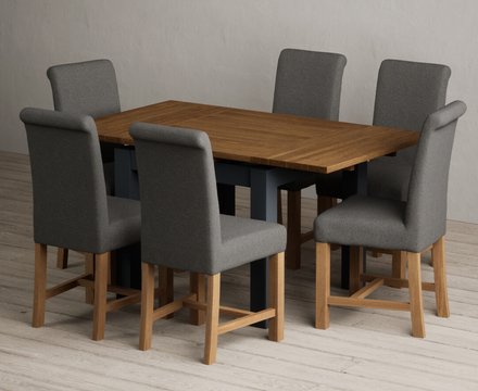 Extending buxton 90cm oak and dark blue dining table with 6 charcoal grey braced chairs
