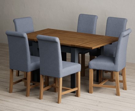 Extending buxton 90cm oak and dark blue dining table with 6 blue braced chairs