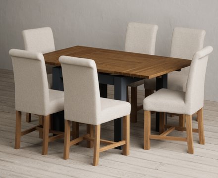 Extending buxton 90cm oak and dark blue dining table with 6 natural braced chairs