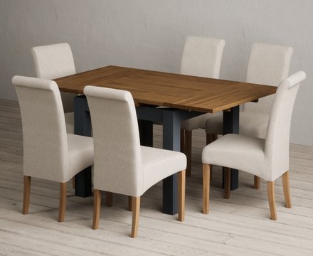 Extending buxton 90cm oak and dark blue dining table with 6 natural scroll back chairs