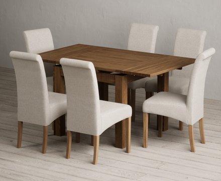 Extending buxton 90cm rustic solid oak dining table with 6 natural scroll back chairs