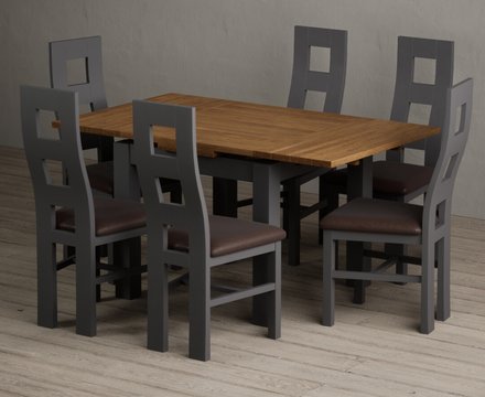 Extending buxton 90cm oak and charcoal grey dining table with 6 brown painted chairs